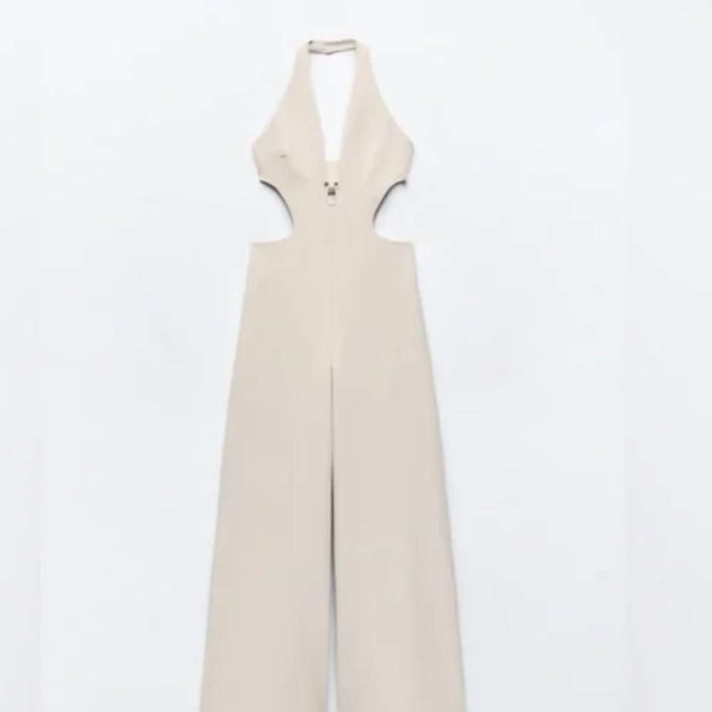 Zara Wide Leg Jumpsuit Ecru Romper Coctail Part Night Out Date Shower Wedding